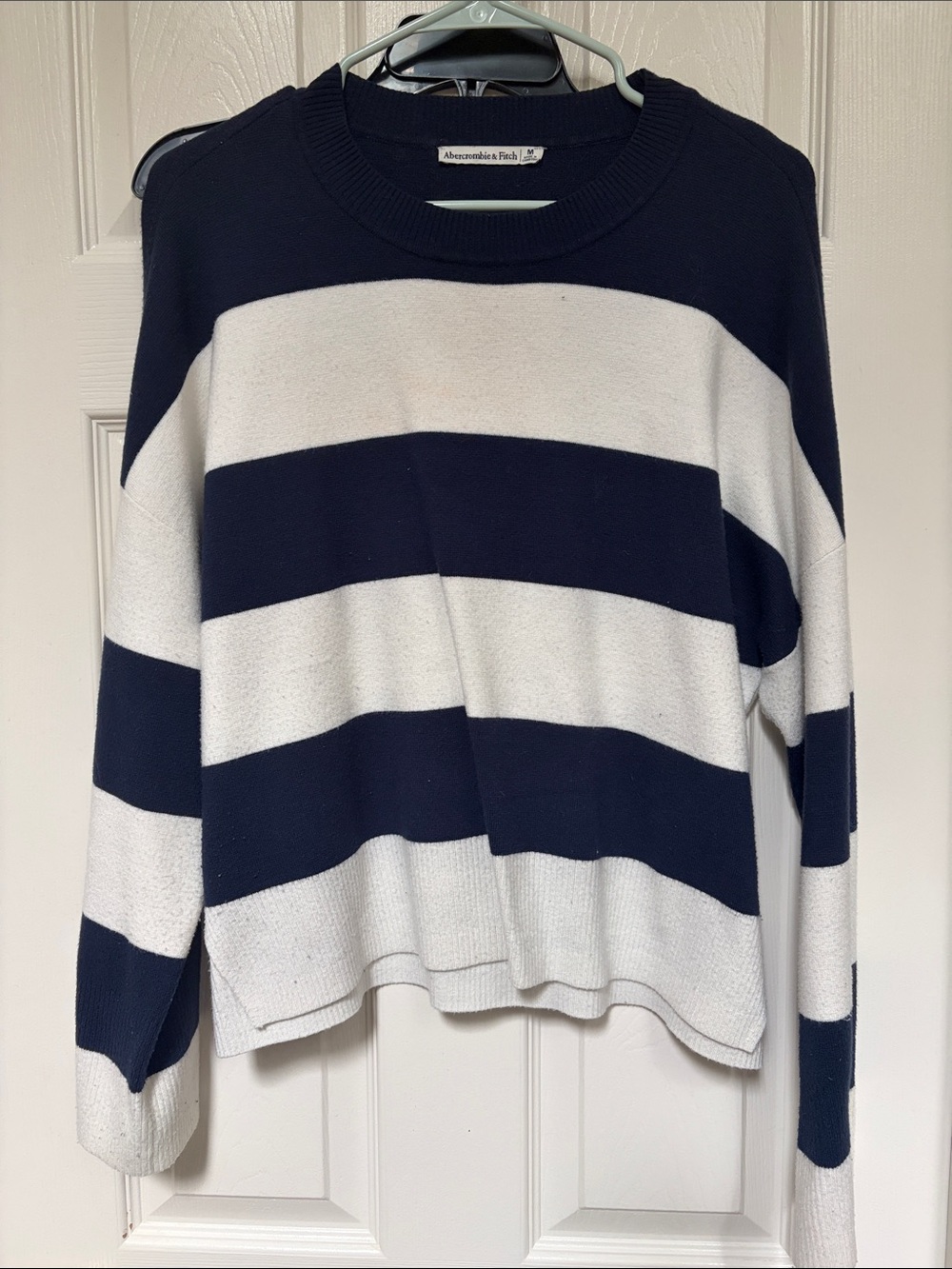 Abercrombie & Fitch Navy and White Wide-Stripe Crewneck Sweater